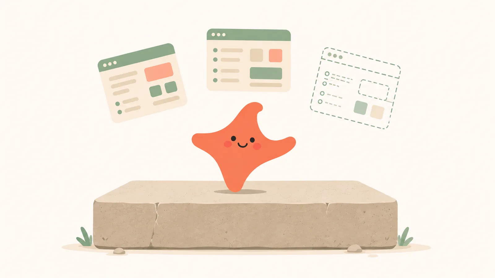 The Snill mascot standing on a solid stone slab, with three app windows floating above it, one of them still drawn as a dashed outline