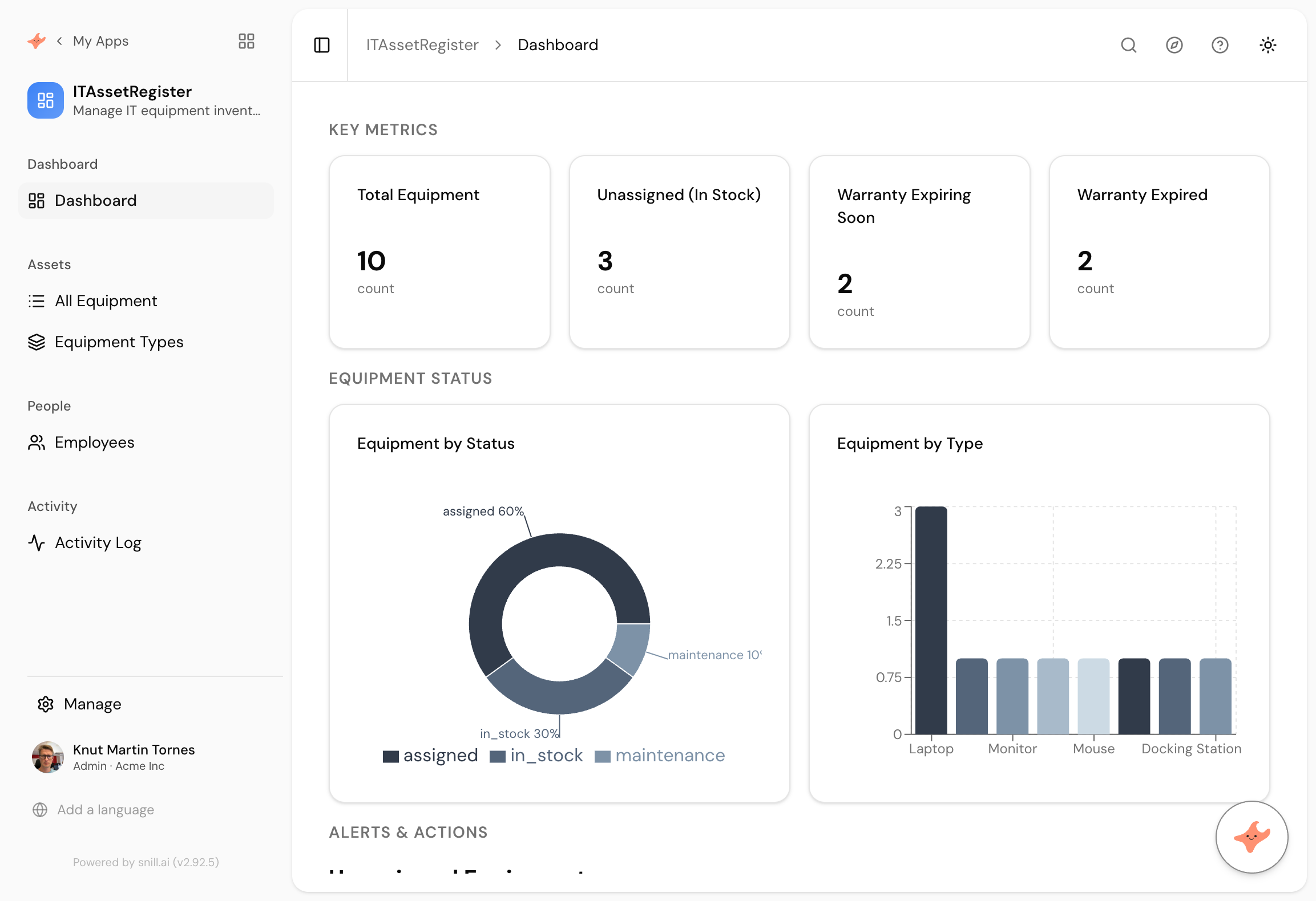 The generated dashboard, after one message to fix the sample warranty dates. Unassigned stock and warranty expiry are the two questions the prompt asked for.