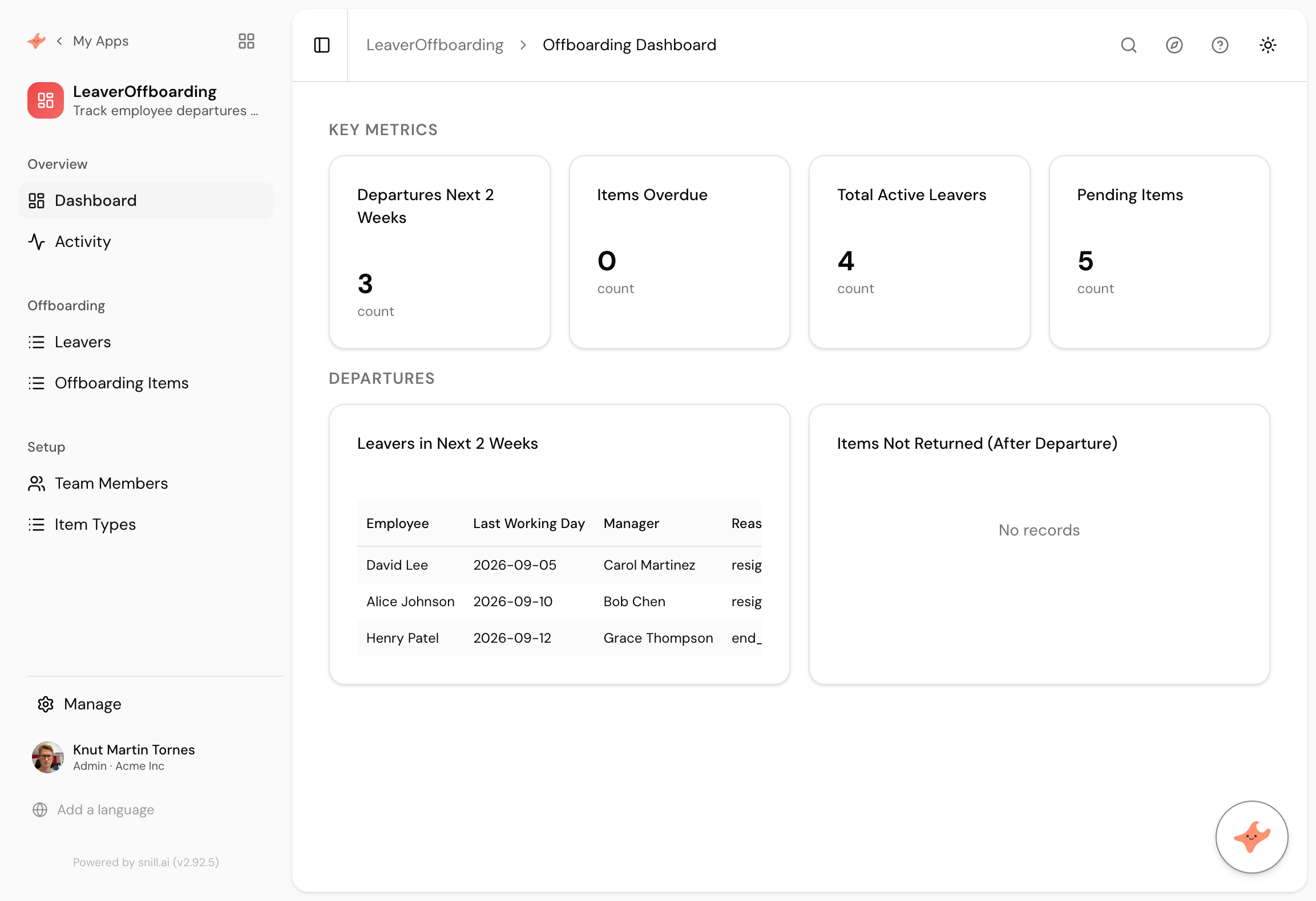 The generated dashboard, exactly as it came out. Departures in the next fortnight, with the outstanding-items counter that fills up in real use.