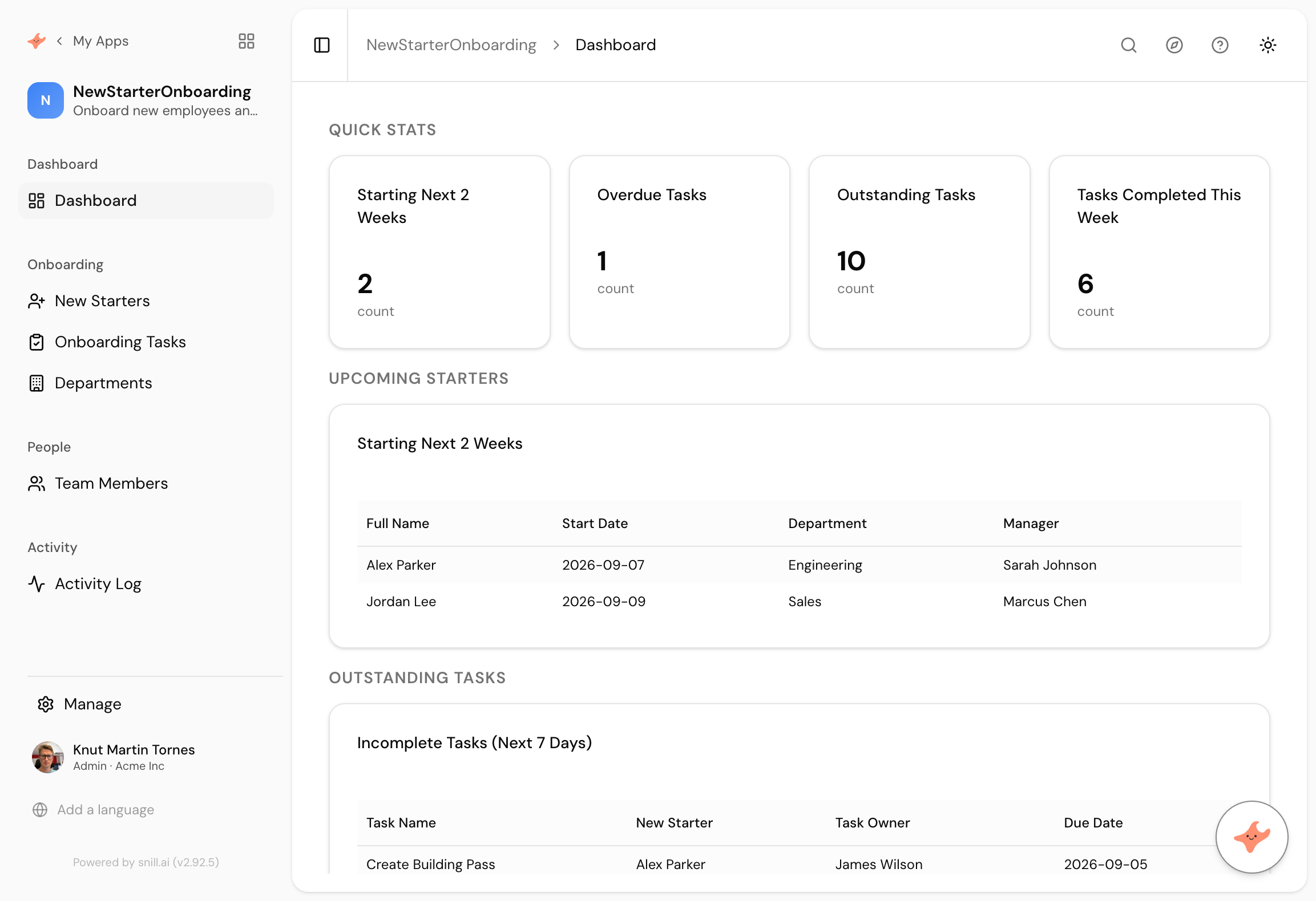 The generated dashboard, exactly as it came out, with sample start dates correctly landing in the coming fortnight.