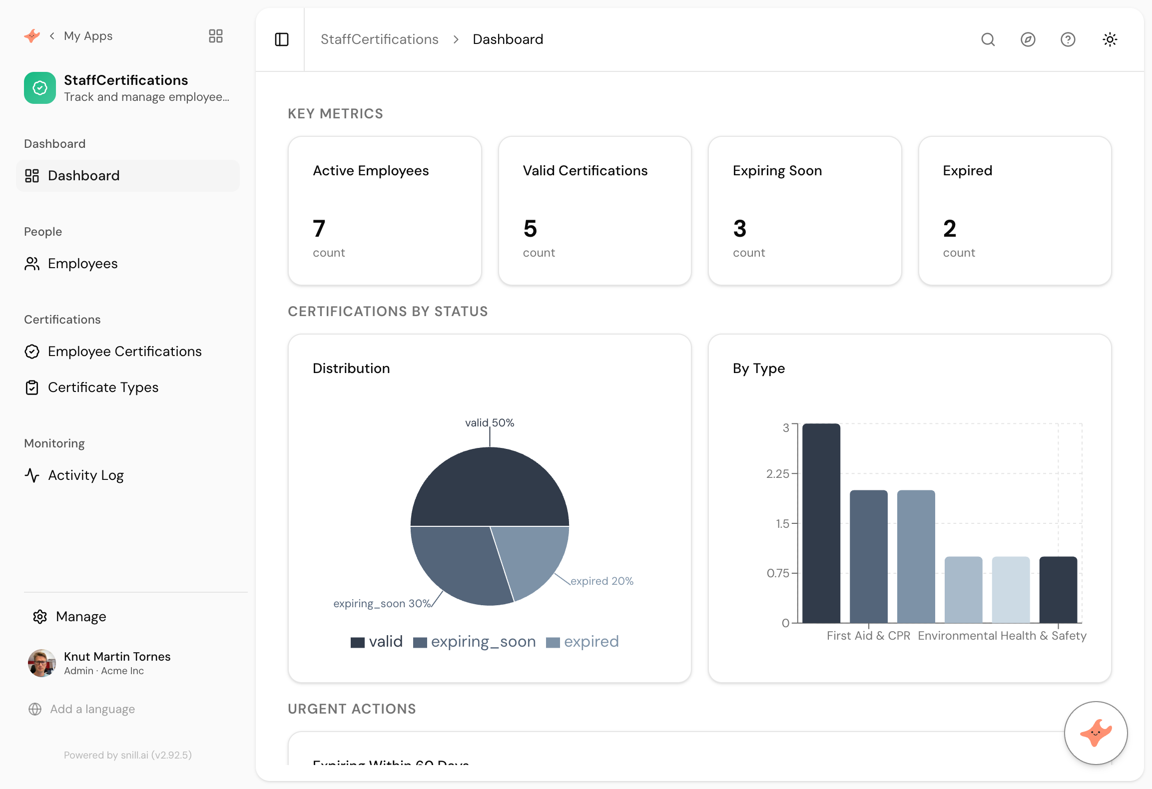 The dashboard Snill generated, after one follow-up message to fix the sample data. The Expiring Within 60 Days panel is the part the prompt asked for by name.