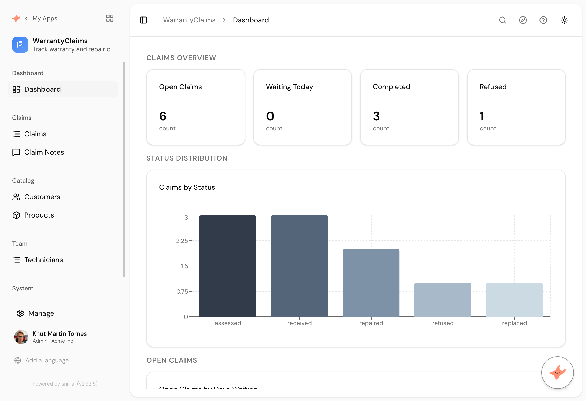 The generated dashboard, exactly as it came out. Open claims are ranked by how long the customer has been waiting, which is the number that matters.