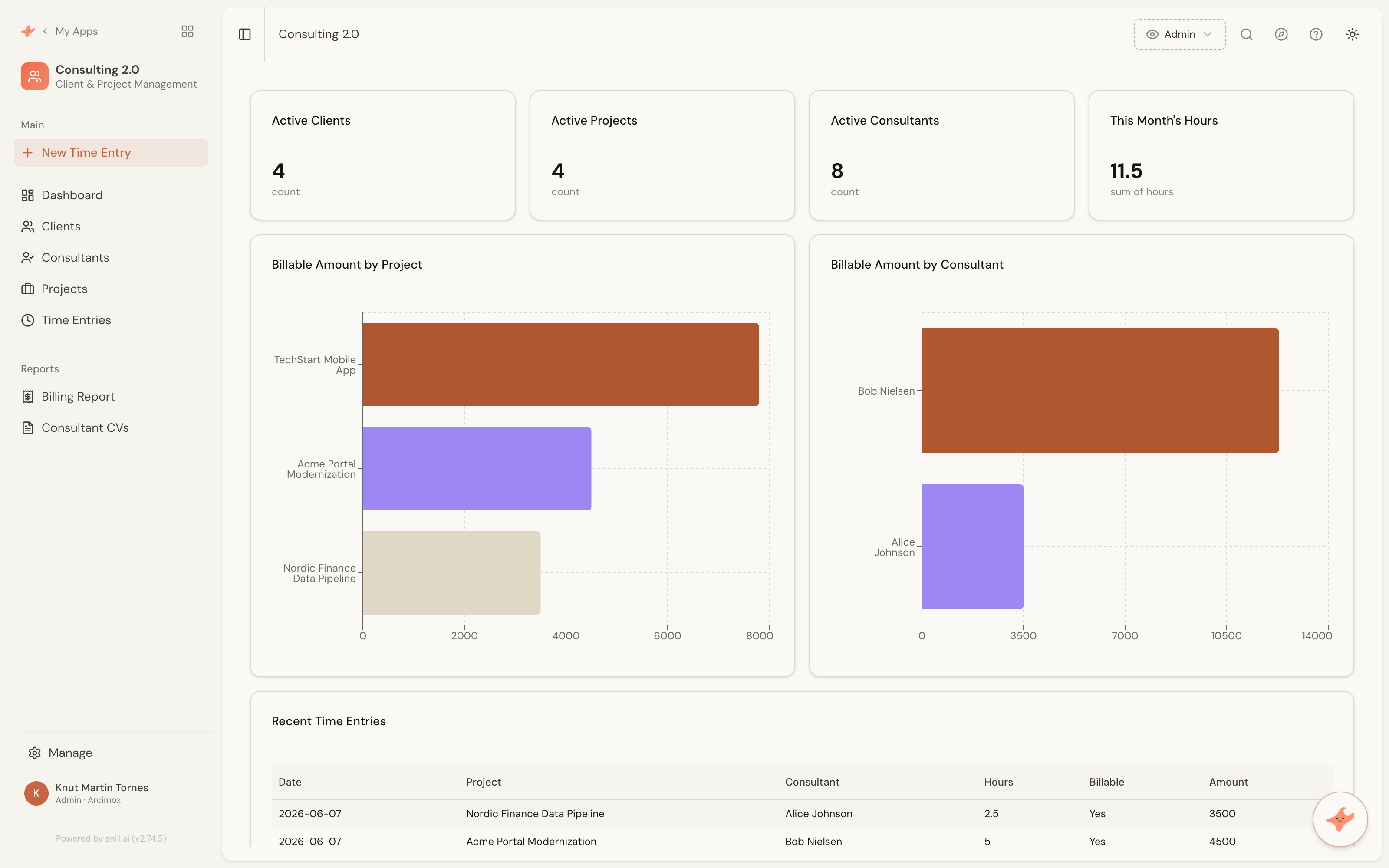 The Consulting app dashboard