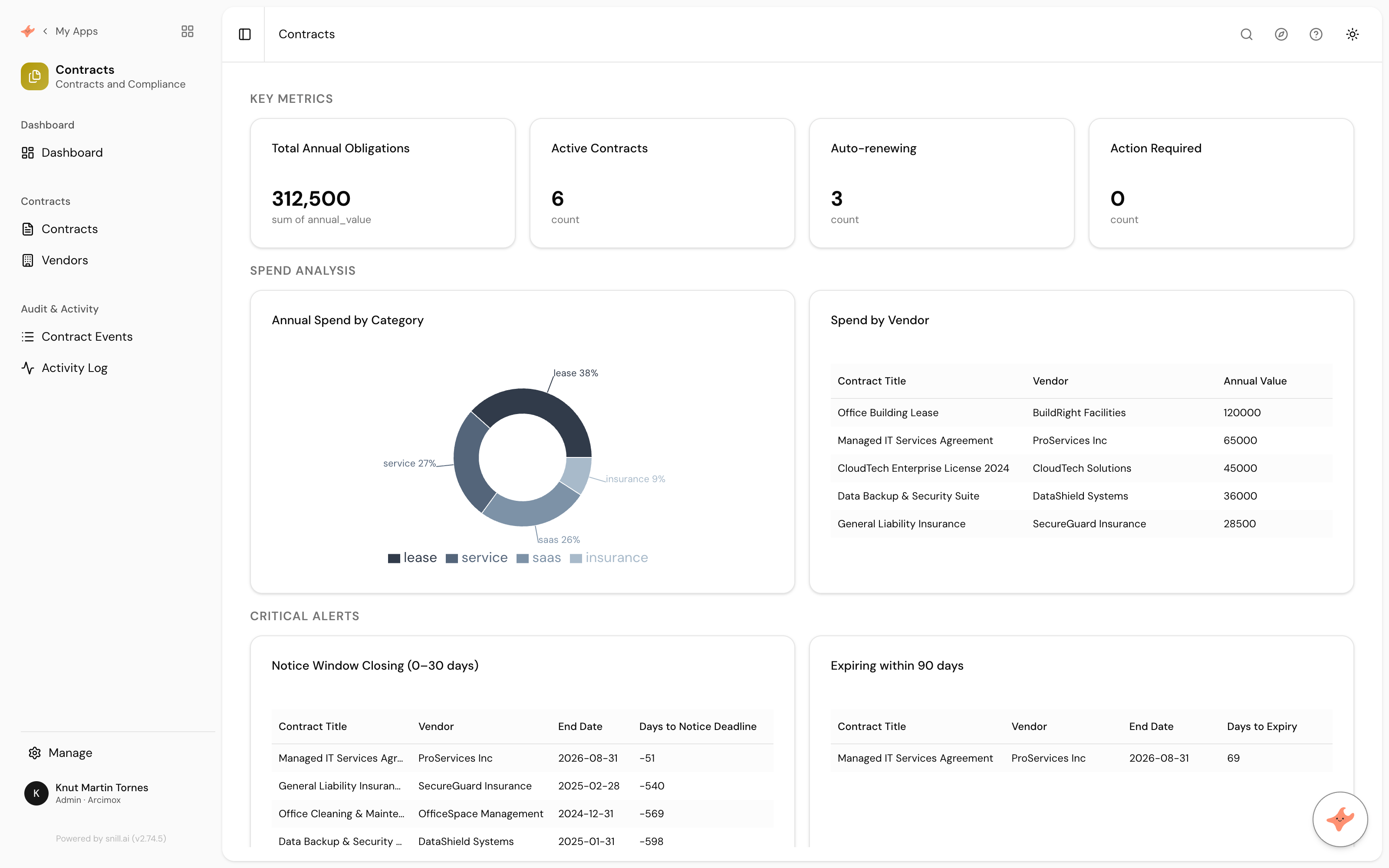 The Contracts app dashboard