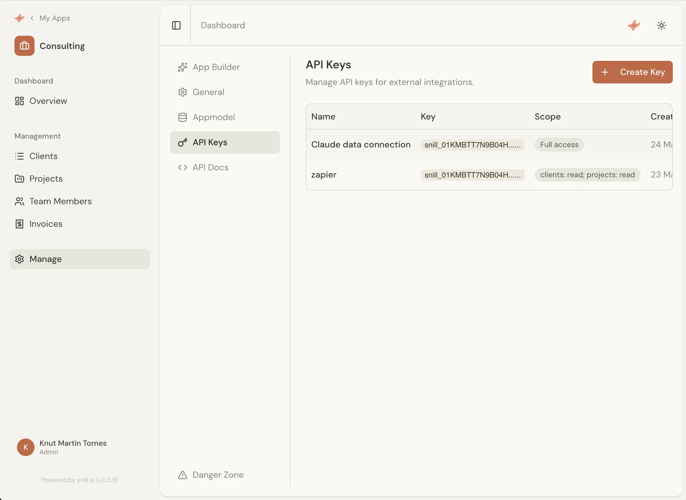 API keys management page with scoped access keys for external integrations