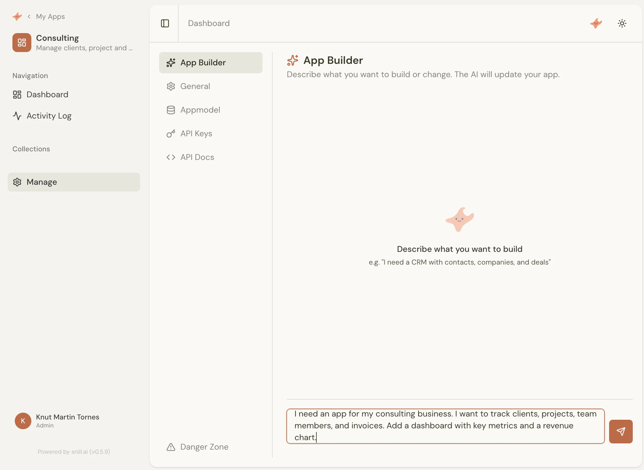 Snill app builder showing a natural language prompt describing a consulting business app