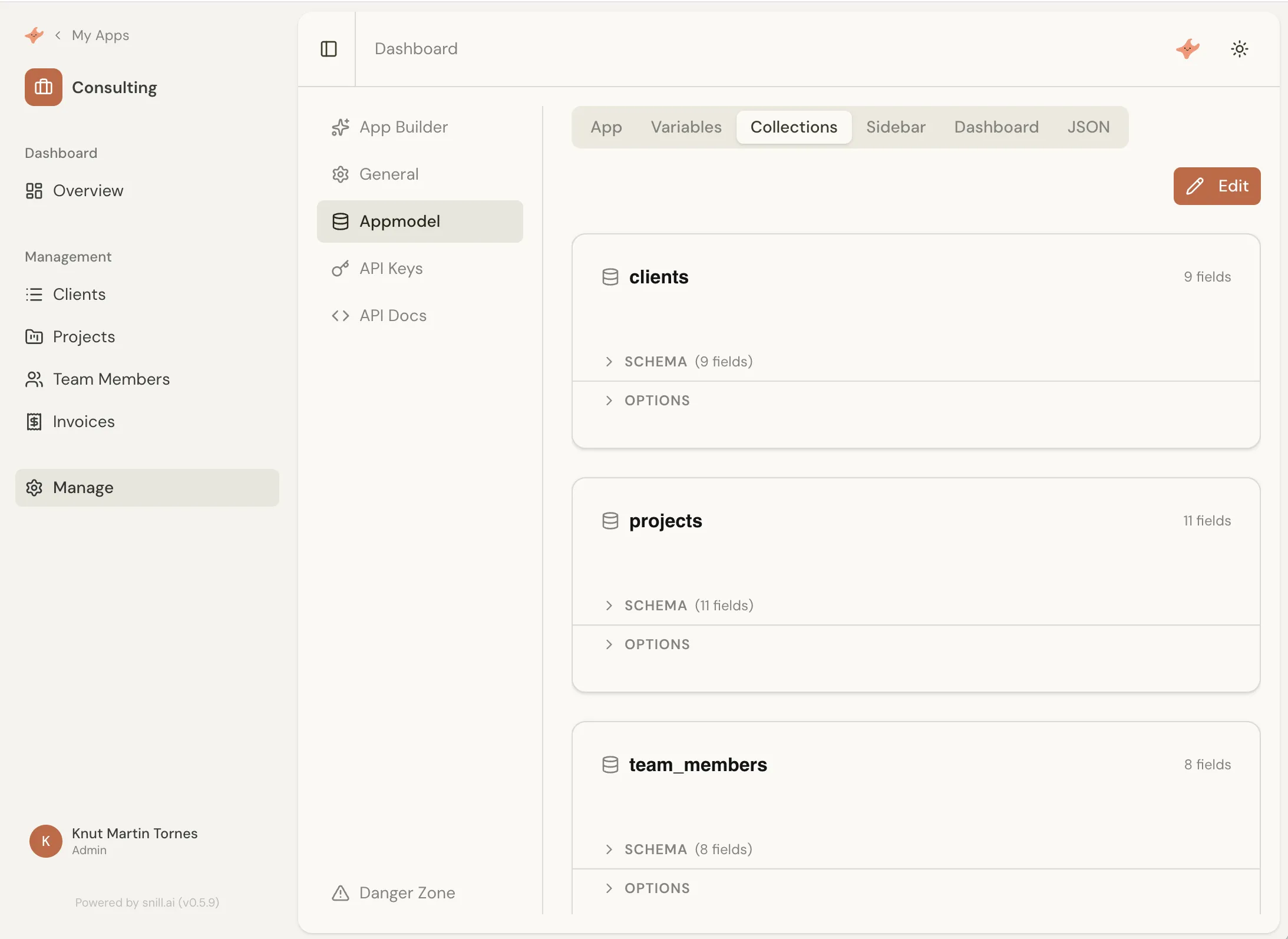 Data model editor showing clients, projects, and team members collections with fields