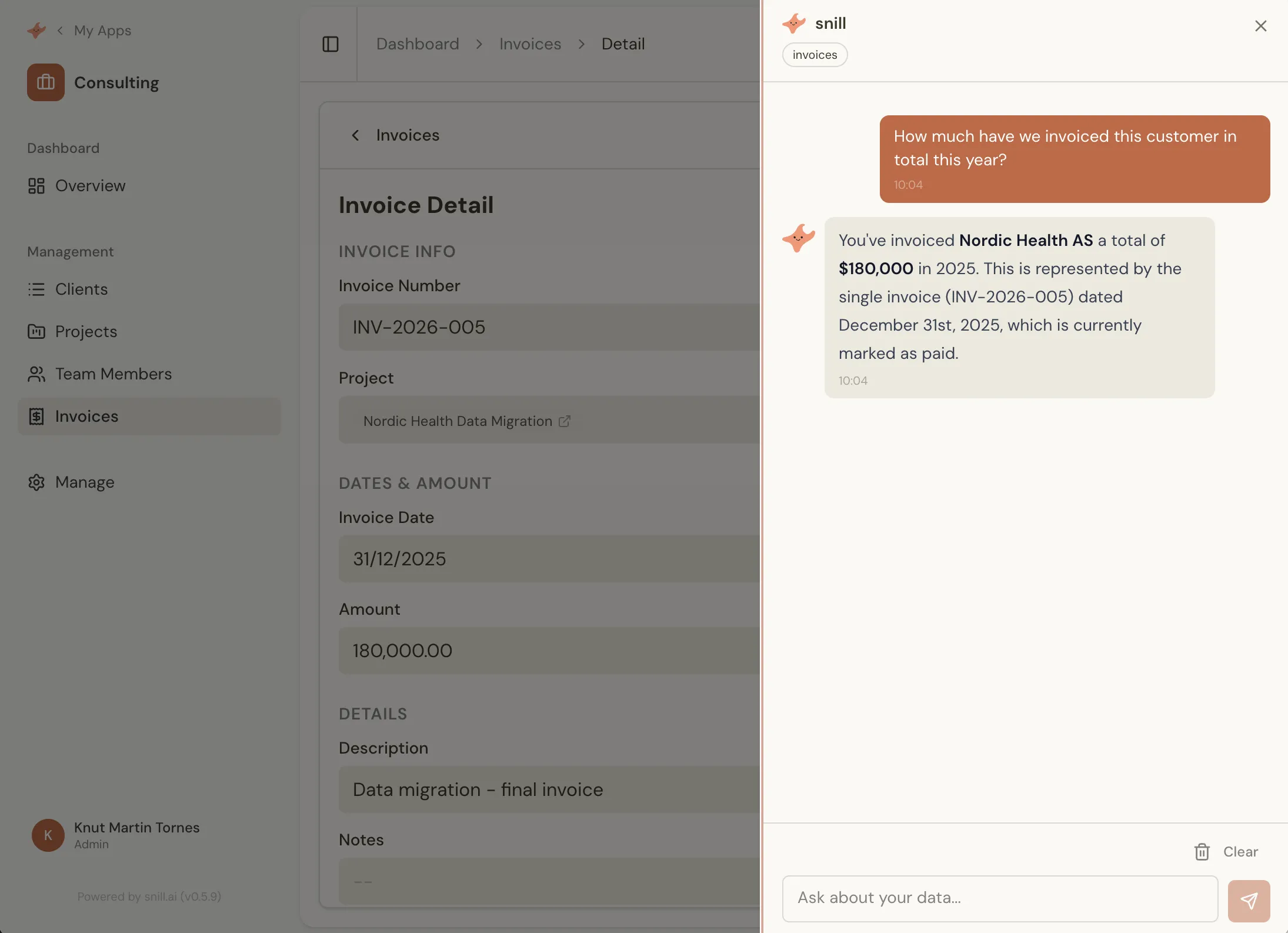 Chat interface asking about invoice totals and receiving a detailed answer from Snill