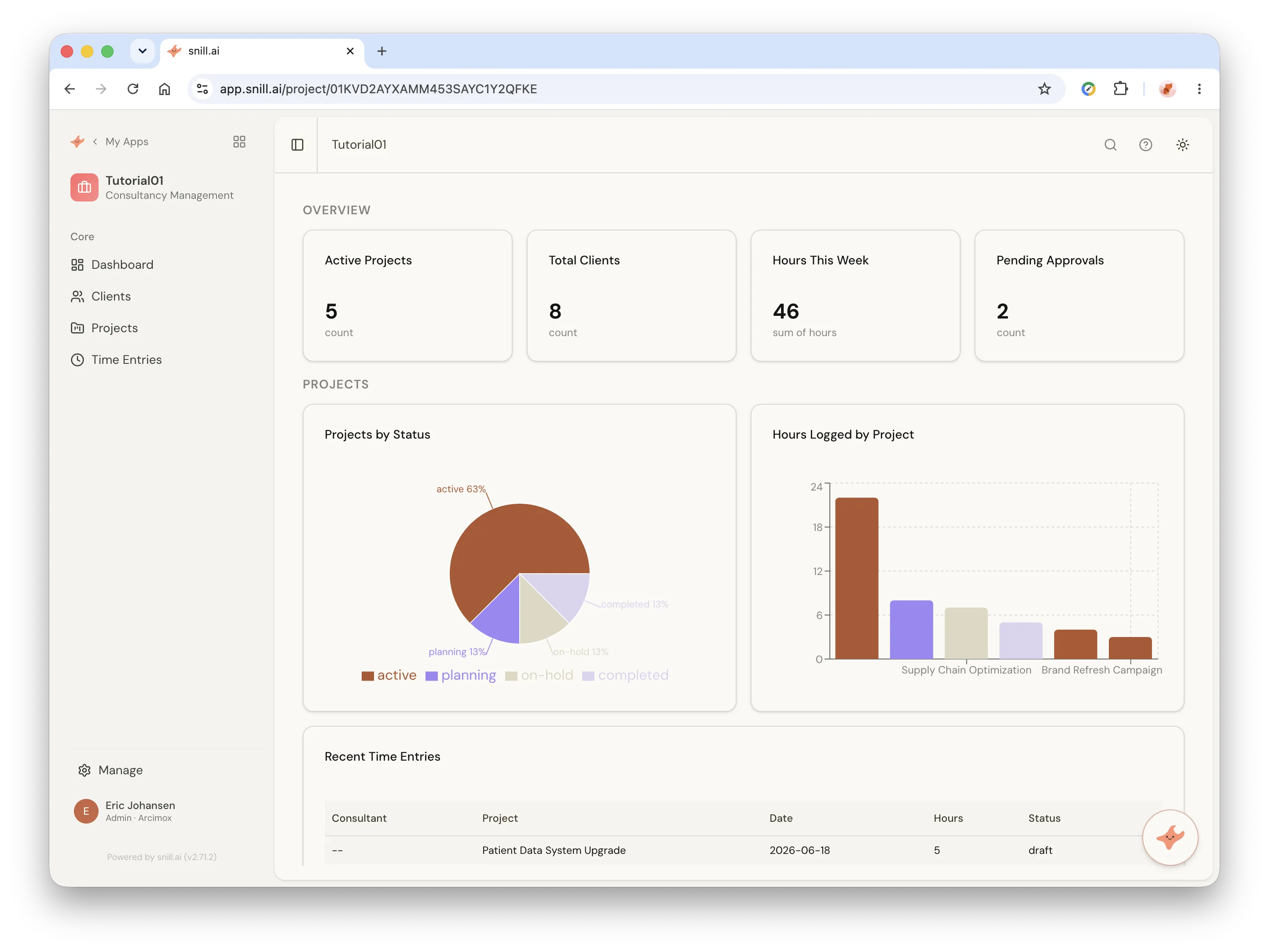 A dashboard Snill built during a real session — stat cards, a projects-by-status pie, and an hours-by-project bar chart