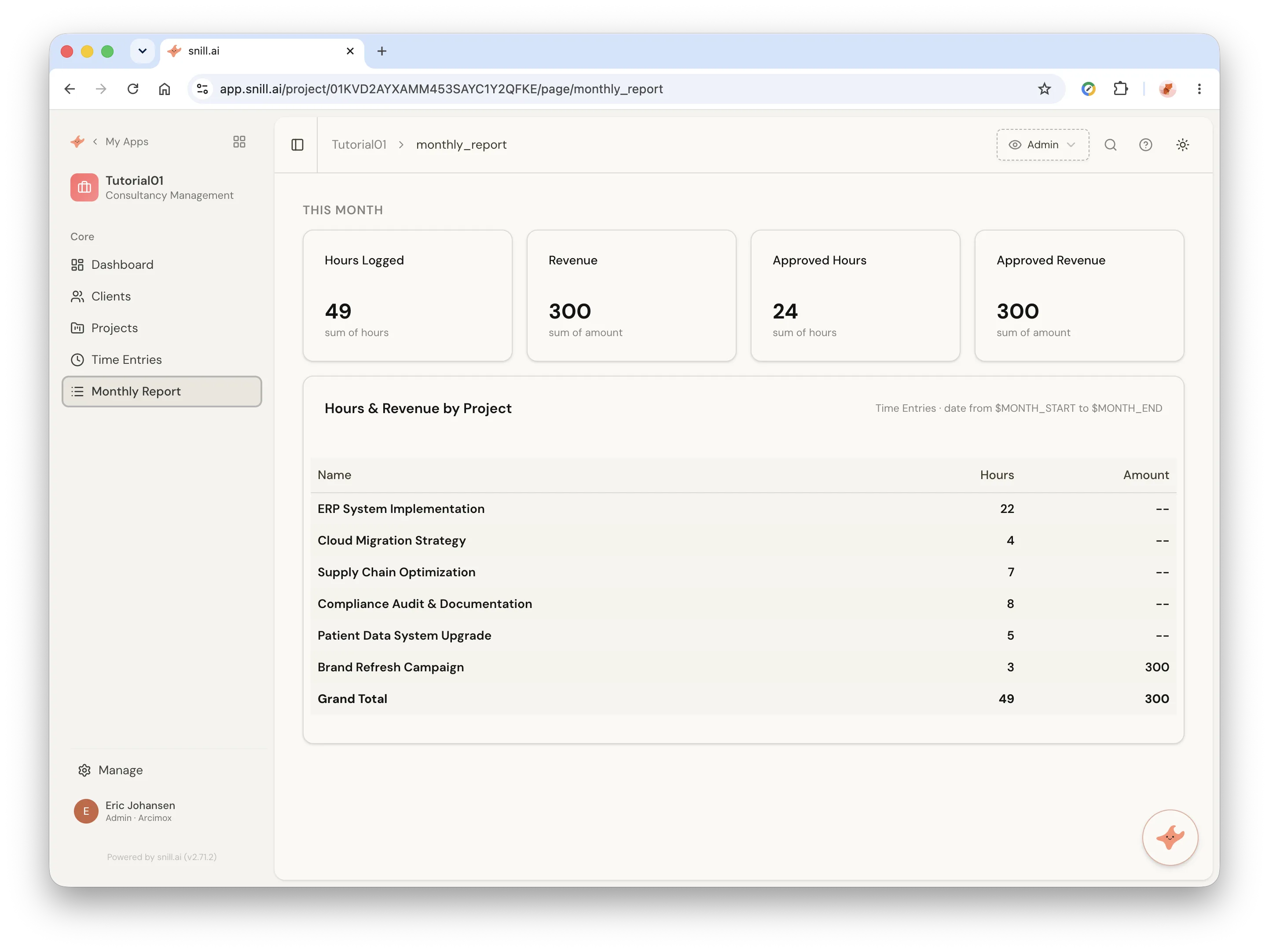 Monthly Report page with This-Month stat cards and an Hours & Revenue by Project table with a grand total
