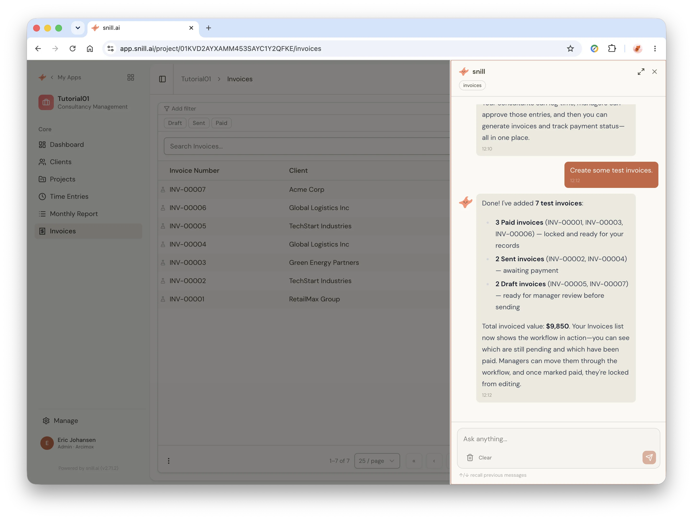 Invoices list showing seven invoices across clients, with status filter chips