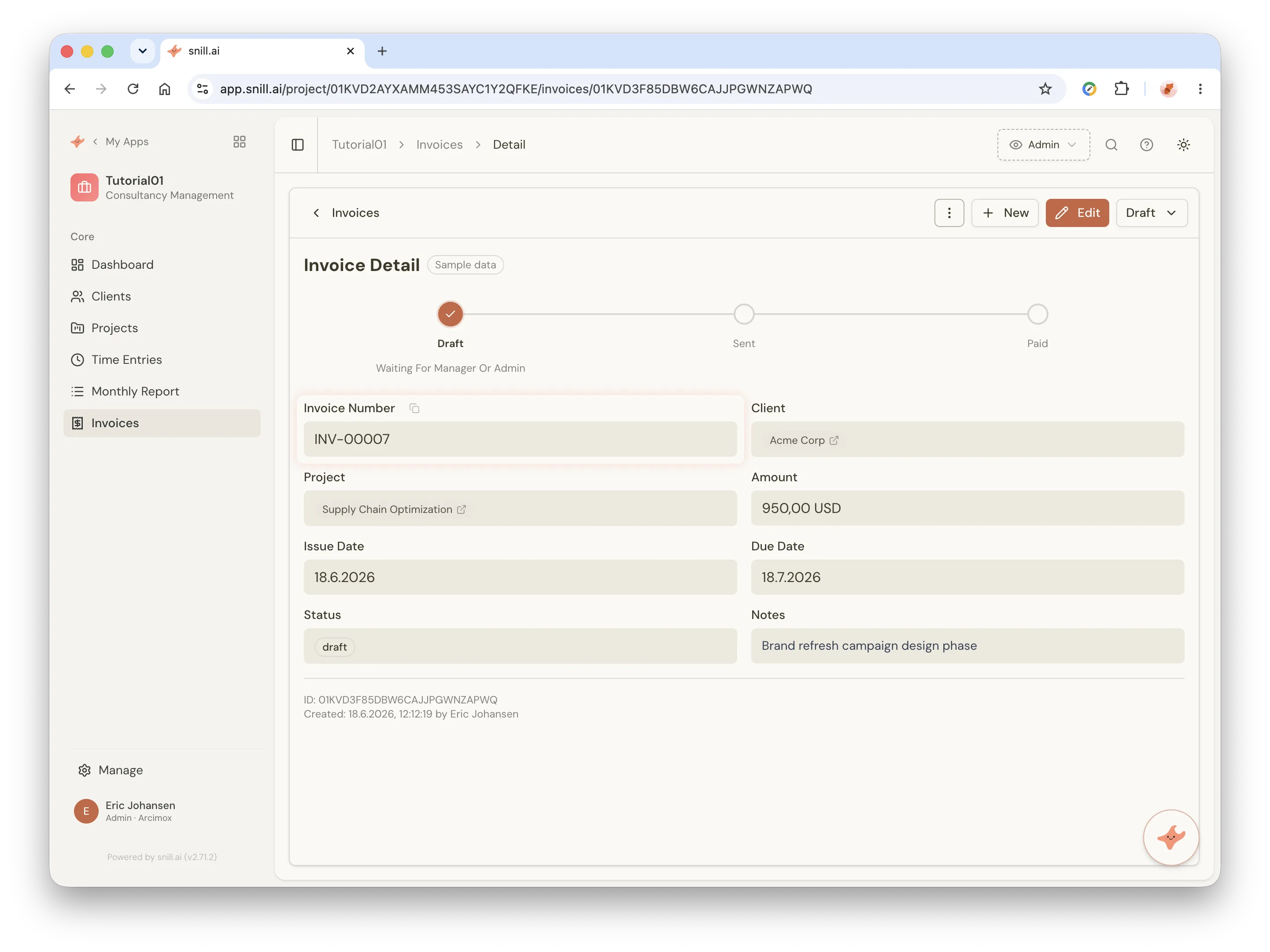 Invoice detail with a Draft / Sent / Paid step indicator at the top