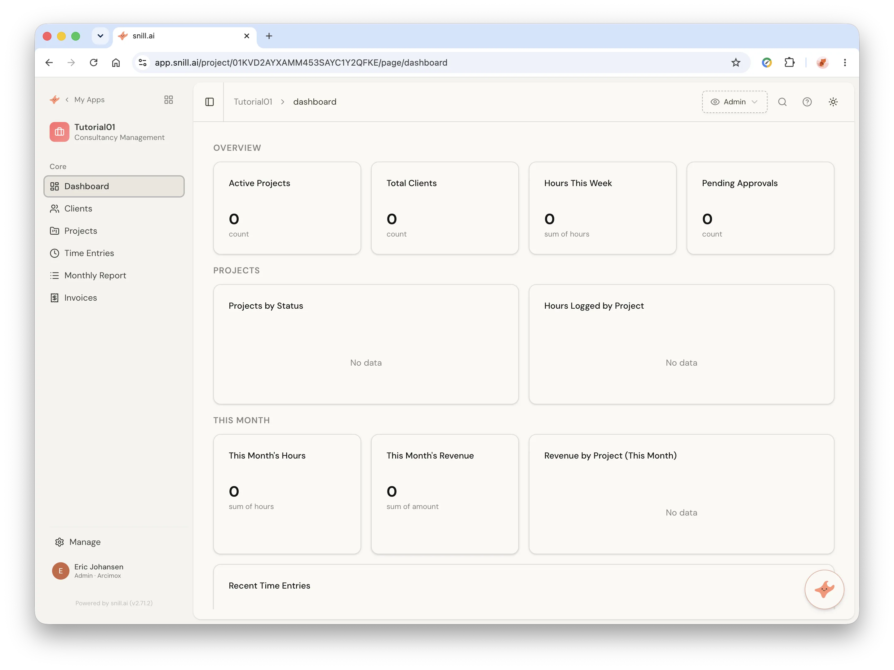 The freshly built dashboard with empty stat cards and 'No data' charts